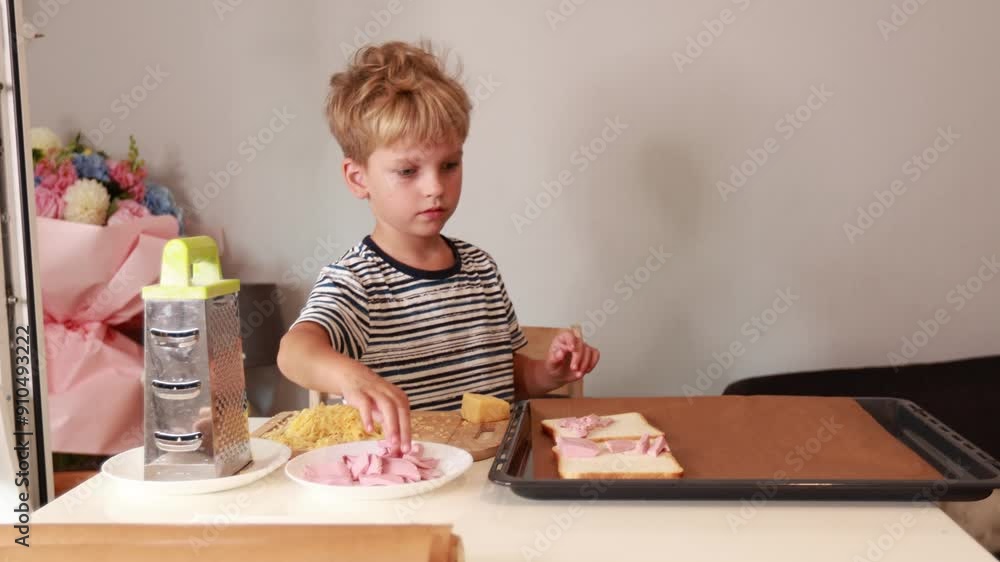 Young Caucasian Boy Cooking Delicious Snack in Family Kitchen on a Sunny Day Young Caucasian Boy Cooking Delicious Snack in Family Kitchen on a Sunny Day