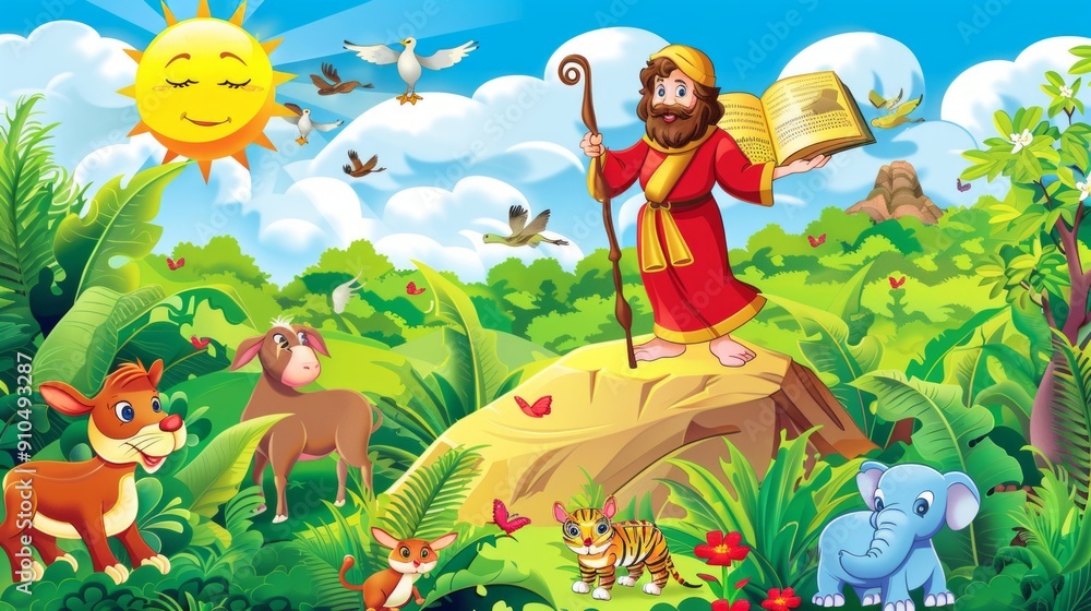Moses stands atop a rock with the Ten Commandments in hand, surrounded by vibrant animals and a bright sun illuminating the lush landscape. Moses stands atop a rock with the Ten Commandments in hand, surrounded by vibrant animals and a bright sun illuminating the lush landscape.