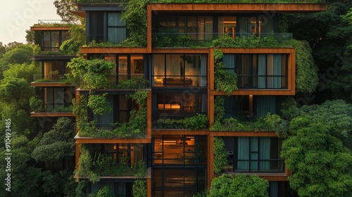 Apartment building exterior in the city with green plants. Concept of ecological living photo