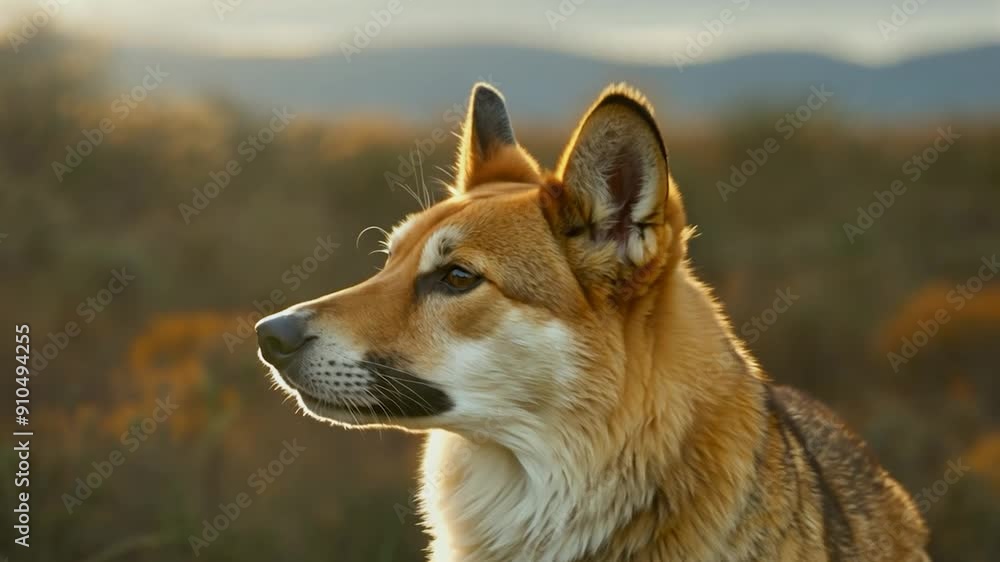 A corgi mix gazes into the distance, bathed in warm light under a vibrant sky, surrounded by wild grasses and soft hills A corgi mix gazes into the distance, bathed in warm light under a vibrant sky, surrounded by wild grasses and soft hills