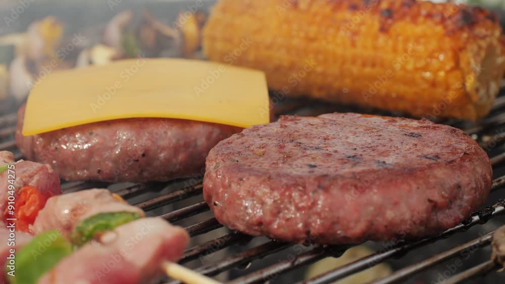 Cooking meat cutlets with cheese for humburgers, kebab and vegetables on grill close-up. Making chicken,beef or pork kebab. Barbecue for friends and family. Cafe and restaurant food. Cooking meat cutlets with cheese for humburgers, kebab and vegetables on grill close-up. Making chicken,beef or pork kebab. Barbecue for friends and family. Cafe and restaurant food.