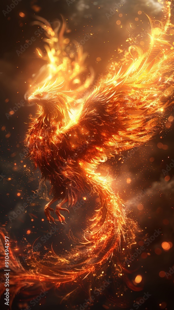 Fiery phoenix in flight, with glowing and intense flames.
Fiery phoenix in flight, with glowing and intense flames.
