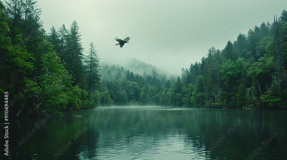 Obraz premium Bird flies over water in forest with foggy sky