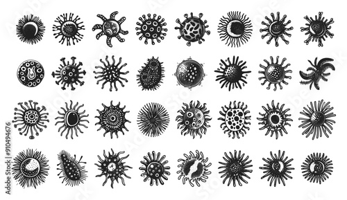 Viruses Different Types Linocut Print Style Icons Set Neat Thick Strokes and Shapes Black on White Background Pathogens Virus Illustrations Microorganisms Health Icons Disease