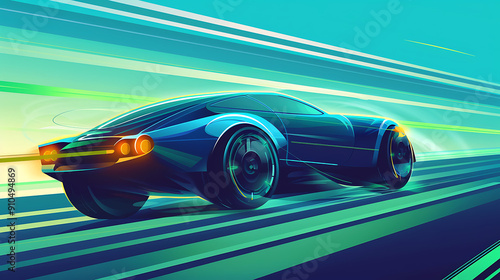 a stylized illustration of a blue car with two visible black wheels and orange headlights. The car has three green horizontal lines emanating from the back photo