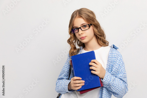 Side view active excellent best student schoolgirl holding books and copybooks going to school wearing glasses and bag on white background. Education concept. High school final exams. Copy space photo