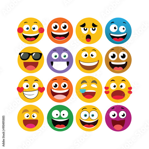 various colorful funny emoji set on white background