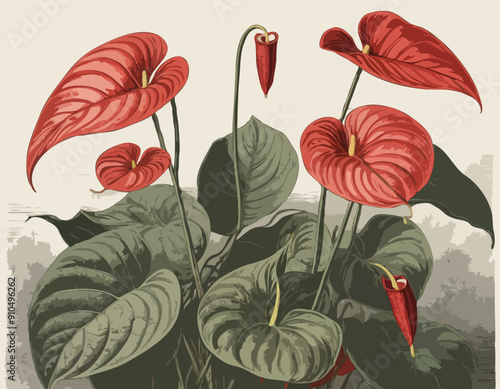 Anthurium plant , 19 century litho 