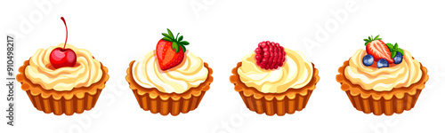 Set of delicious tartlets with berries in cartoon style.Vector illustration of tartlets with cream,  berries: cherry, strawberry, raspberry, blueberry, mint leaves isolated on a white background.
