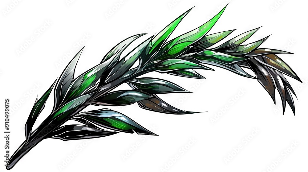 Obraz premium Drawing of a plant with green foliage on its stem and leafy top