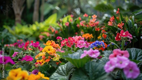 Wallpaper Mural A garden full of colorful flowers with a bright and cheerful mood. The flowers are of various colors, including pink, yellow, and orange. The garden is well-maintained and he is a peaceful Torontodigital.ca