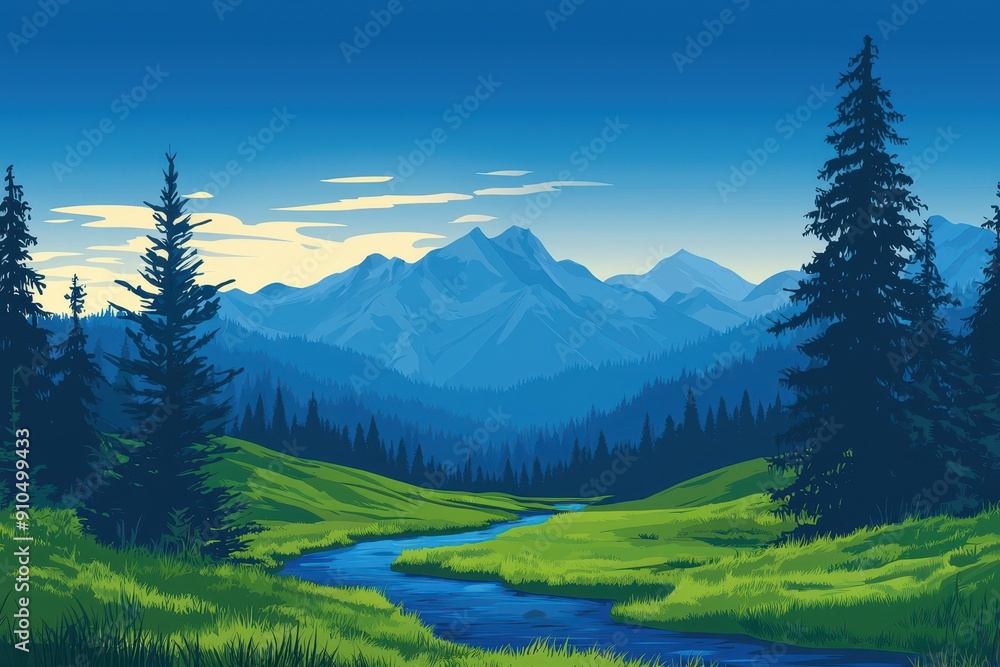 A tranquil mountain scene featuring a flowing river, tall pine trees, and a clear blue sky. The peaceful atmosphere is enhanced by soft, natural lighting, making it a perfect design for a T-shirt grap A tranquil mountain scene featuring a flowing river, tall pine trees, and a clear blue sky. The peaceful atmosphere is enhanced by soft, natural lighting, making it a perfect design for a T-shirt grap