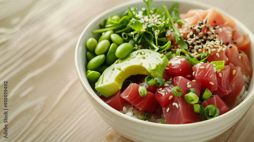 Minimalist poke bowl with ahi tuna, avocado, and edamame on light wooden background Minimalist poke bowl with ahi tuna, avocado, and edamame on light wooden background