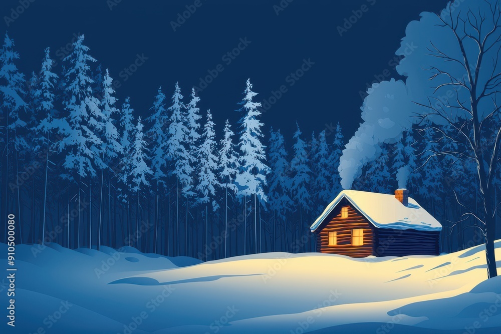 Naklejka premium A vector illustration of a cozy cabin nestled in the woods during winter, surrounded by snow-covered trees. The cabin has a smoking chimney, adding a warm and inviting feel to the cold, snowy scene.