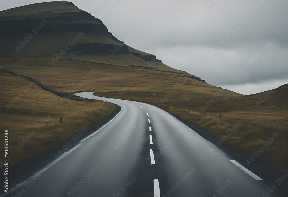 Naklejka premium long country islands straight faroe road background beautiful cloud curve dark darkness dawn dusk evening fantasy fog foggy free highway hill landscape loneliness mist misty mood morning motion