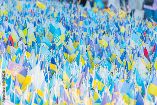 Many Ukrainian flags on the main square Maidan Nezalezhnosti. Memory of the victims of the russian-Ukrainian war. Flags of the fallen on Khreshchatyk street. Kyiv, Ukraine. 10-05-2023 photo