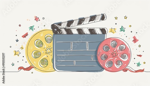 One continuous line drawing of clapper board and films. Action movie scene and retro video production concept in simple linear style. Outline editable stroke. Doodle vector illustration-gigapixel-art- photo