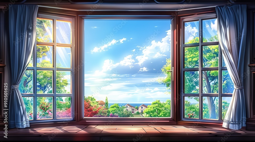 trees swaying in the distance, a charming house framed by blue sky and fluffy clouds trees swaying in the distance, a charming house framed by blue sky and fluffy clouds