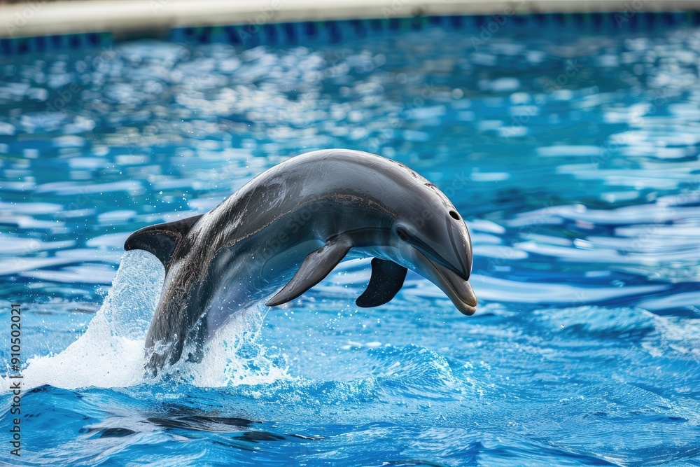 Obraz premium A dolphin leaps out of the water in a pool. Concept of freedom and joy as the dolphin soars through the air