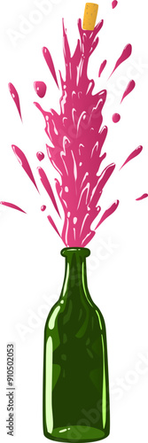 A green bottle of wine opened and sprinkling wine. Vector illustration the glass bottle opened noisily and the cork flies up and the red brown liquid rushes up after the cork. rose champagne wine or