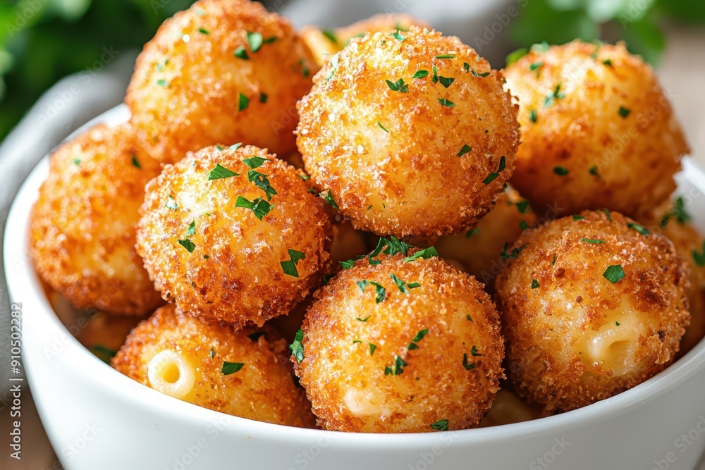 A close-up of crispy fried mac and cheese balls, garnished with parsley, served in a white bowl.
A close-up of crispy fried mac and cheese balls, garnished with parsley, served in a white bowl.