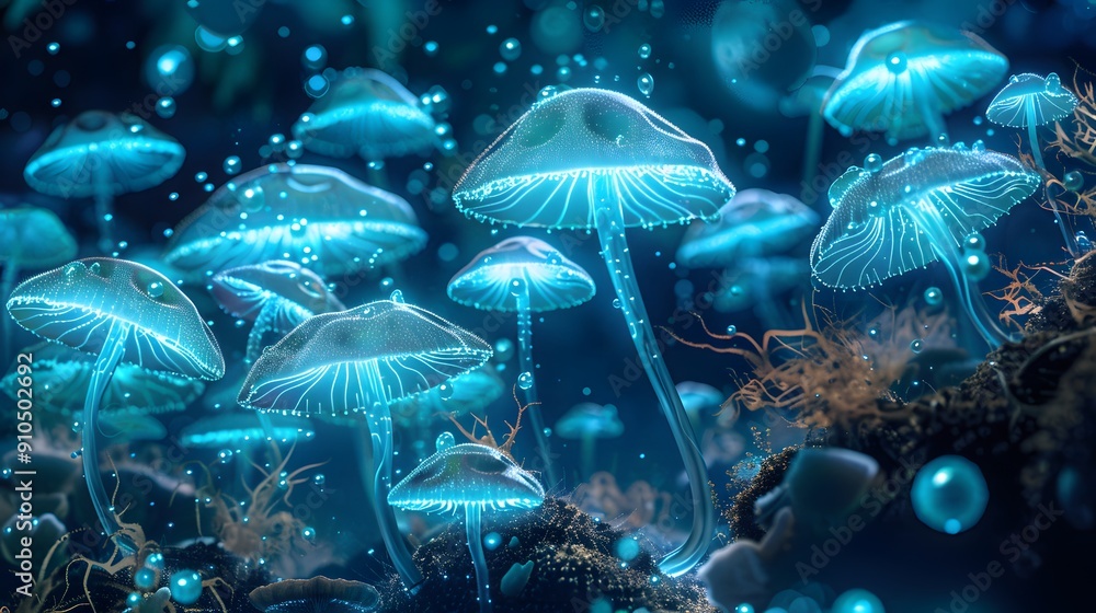 Glowing mushrooms underwater with blue bioluminescence Glowing mushrooms underwater with blue bioluminescence