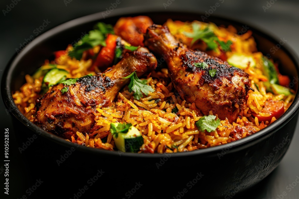 A black bowl of delicious chicken biryani, served with vegetable side dishes for dinner.
A black bowl of delicious chicken biryani, served with vegetable side dishes for dinner.