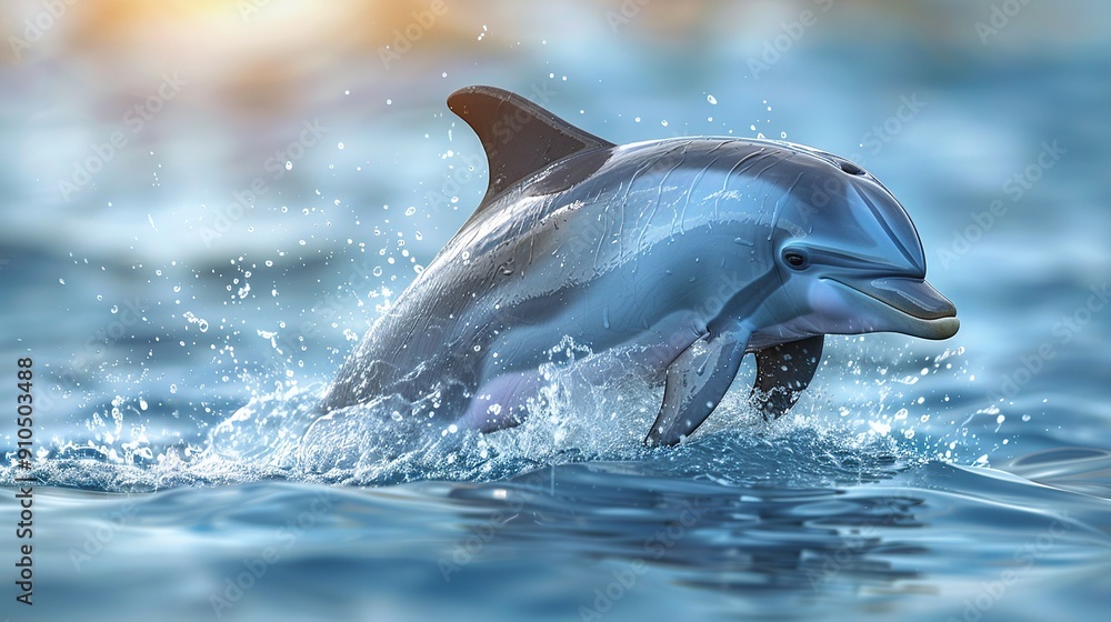 Fototapeta premium A dolphin leaps from water with mouth agape and head above surface