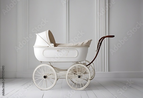 old beautiful white room fashioned pram vintage background buggy isolated pushchair style retro doll children traditional wood antique baby transport carriage fashion