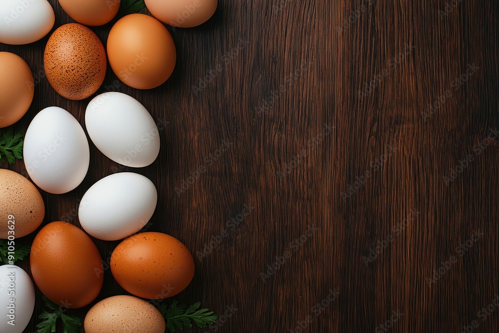 A flat lay arrangement of eggs forming a rounded frame, leaving a copy space in the center. The decoration is set on a dark wooden board background.
A flat lay arrangement of eggs forming a rounded frame, leaving a copy space in the center. The decoration is set on a dark wooden board background.