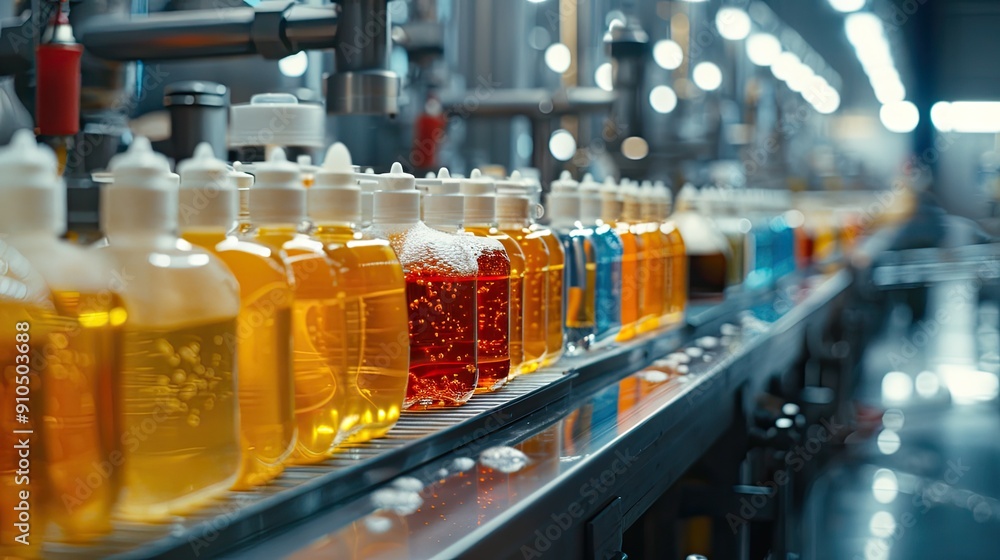 A row of bottles with different colored liquids on a conveyor belt. The bottles are lined up in a row, with some being yellow, some being red, and some being blue A row of bottles with different colored liquids on a conveyor belt. The bottles are lined up in a row, with some being yellow, some being red, and some being blue