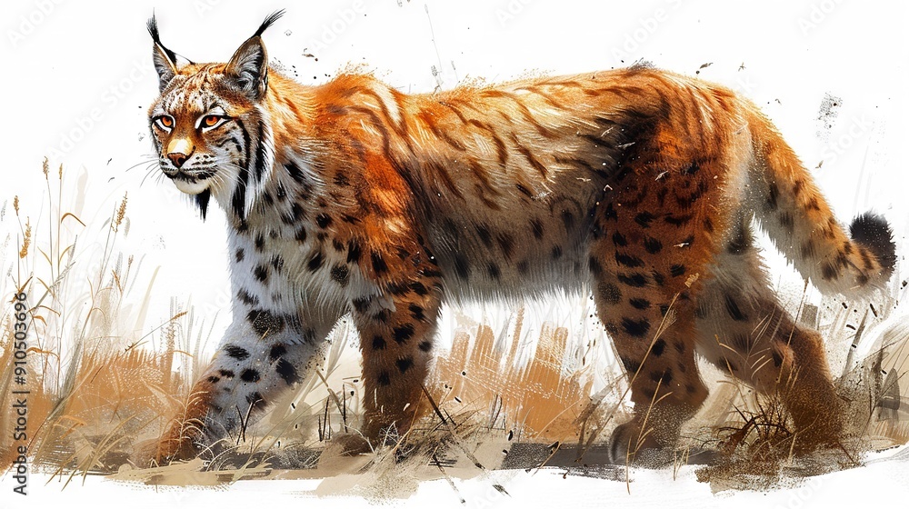   A wild cat stalking through a field of tall, spotted grass