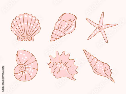 Set of hand drawn seashells and starfish of various shapes. Vector isolated simple symbol icons in solid pink color with outline in flat style. Marine themed design elements.