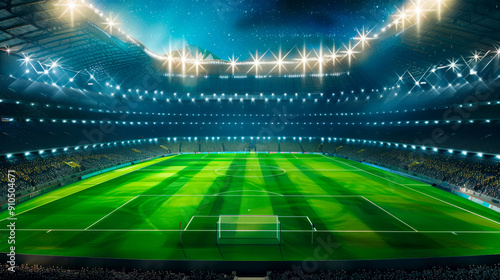 Football stadium with a green lawn illuminated by floodlights at night.