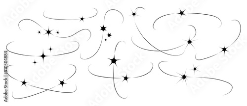 Sparks, line set y2k aesthetics. Magic glitter collection with border. Stars, curves contour. Twinkle, starburst and bling stardust shapes. Black elements, arc. Modern abstraction. Vector illustration