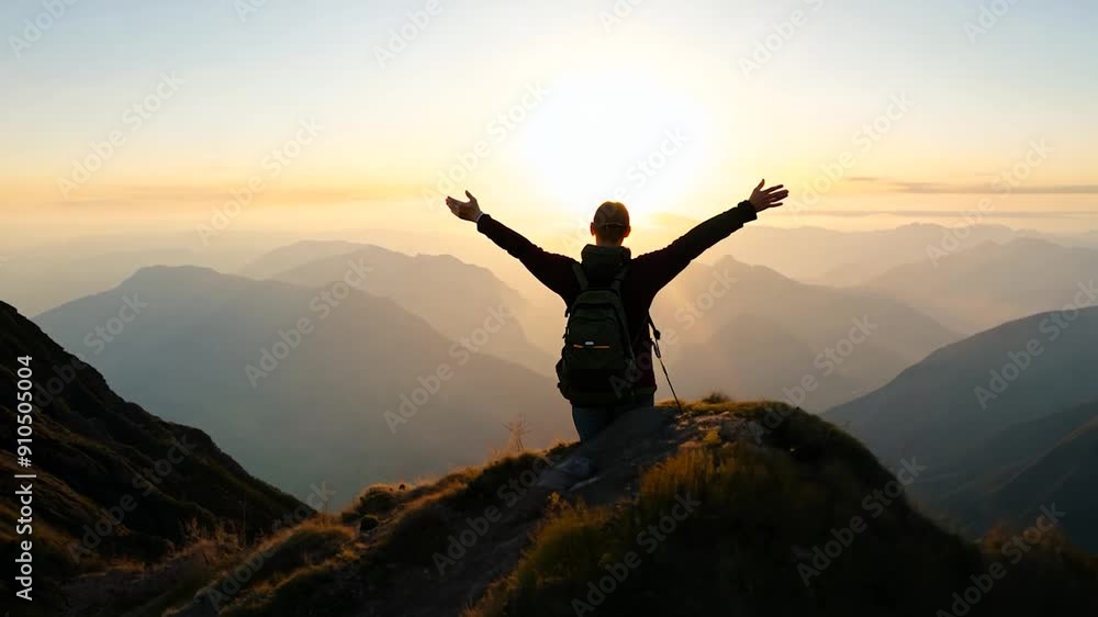A hiker enjoys the sunrise, raising arms in celebration from a mountain peak with stunning views of surrounding hills A hiker enjoys the sunrise, raising arms in celebration from a mountain peak with stunning views of surrounding hills