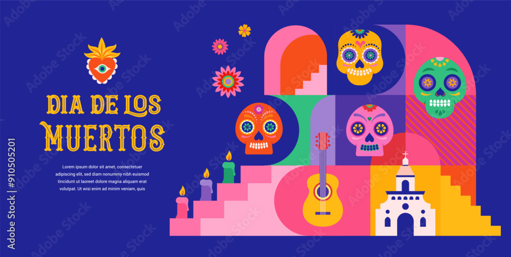 Dia de los muertos, Day of the dead, Mexican holiday, festival. Vector poster, banner and card in modern geometrical style, with skulls, church, guitar and flowers Dia de los muertos, Day of the dead, Mexican holiday, festival. Vector poster, banner and card in modern geometrical style, with skulls, church, guitar and flowers