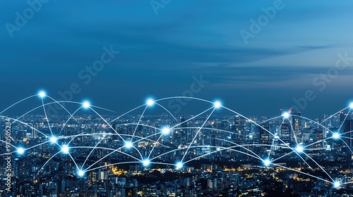 A nighttime view of skyline features illuminated buildings connected by digital lines, showcasing the city's vibrant energy and technological landscape