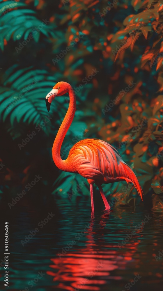 Fototapeta premium A pink flamingo stands under the bright sun.