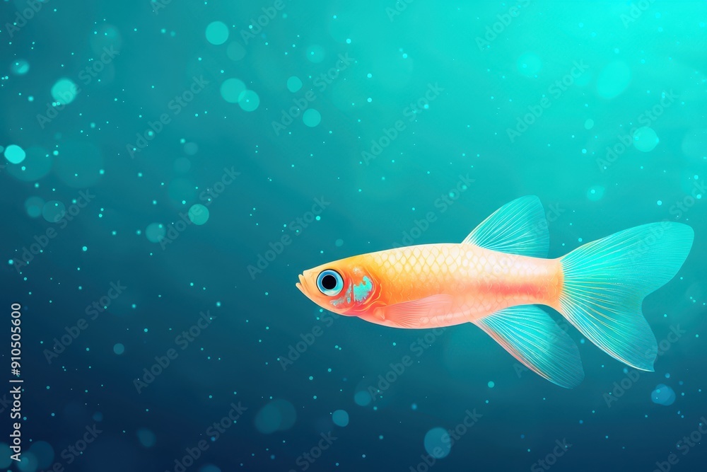 Fototapeta premium A flat design illustration of a guppy fish with translucent fins, set against a vibrant and colorful background. The fish's delicate features are highlighted, creating a striking visual contrast.
