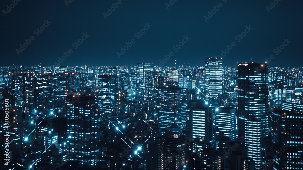 A nighttime view of skyline features illuminated buildings connected by digital lines, showcasing the city's vibrant energy and technological landscape A nighttime view of skyline features illuminated buildings connected by digital lines, showcasing the city's vibrant energy and technological landscape