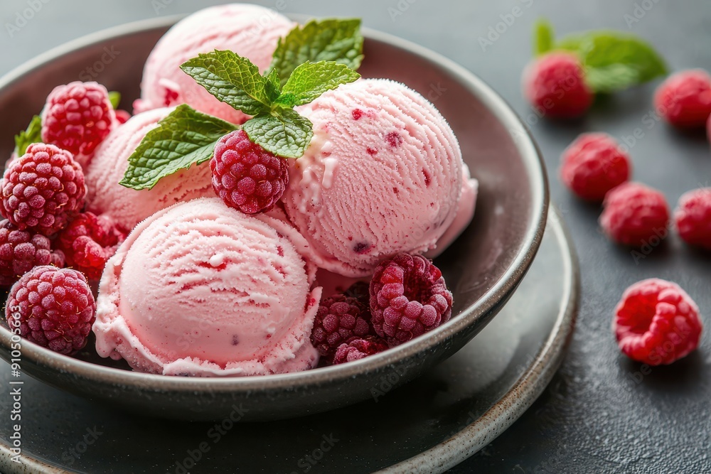 A bowl of raspberry ice cream is topped with fresh raspberries and mint leaves, served on a plate.
A bowl of raspberry ice cream is topped with fresh raspberries and mint leaves, served on a plate.