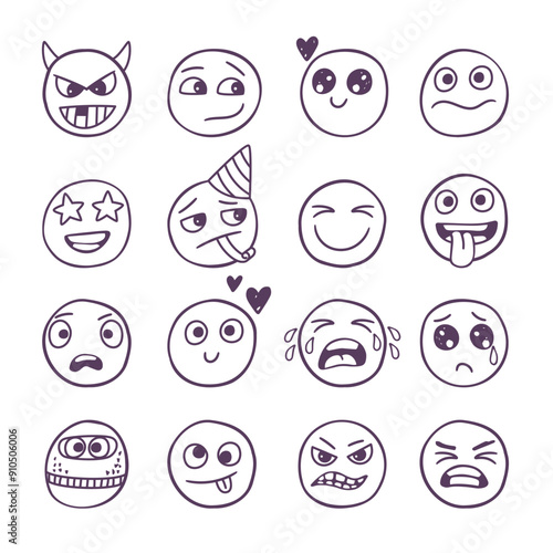 Cute hand drawn emoticons with different emotions