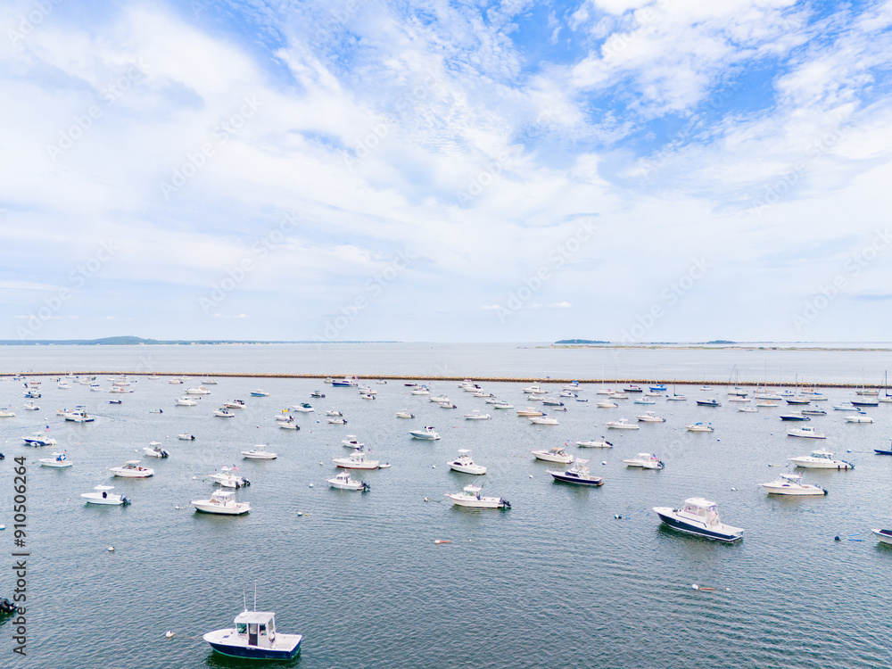 Obraz premium Drone photo Plymouth Massachusetts, boats moored in the water