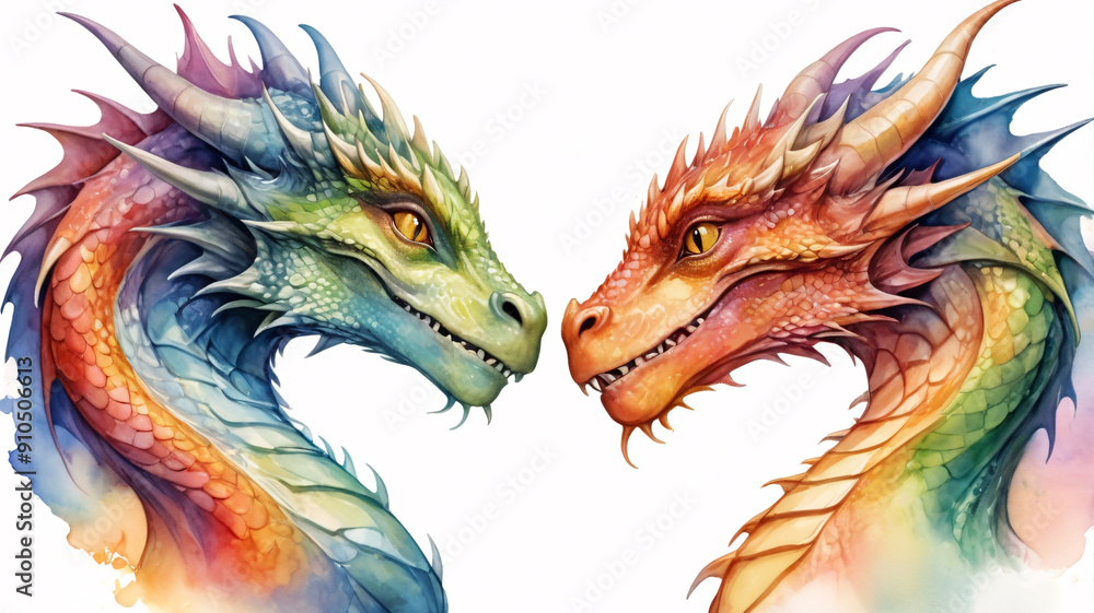 Fantasy illustration portrait of a loving dragon couple isolated on white background. Digital Art for Valentine's Day.