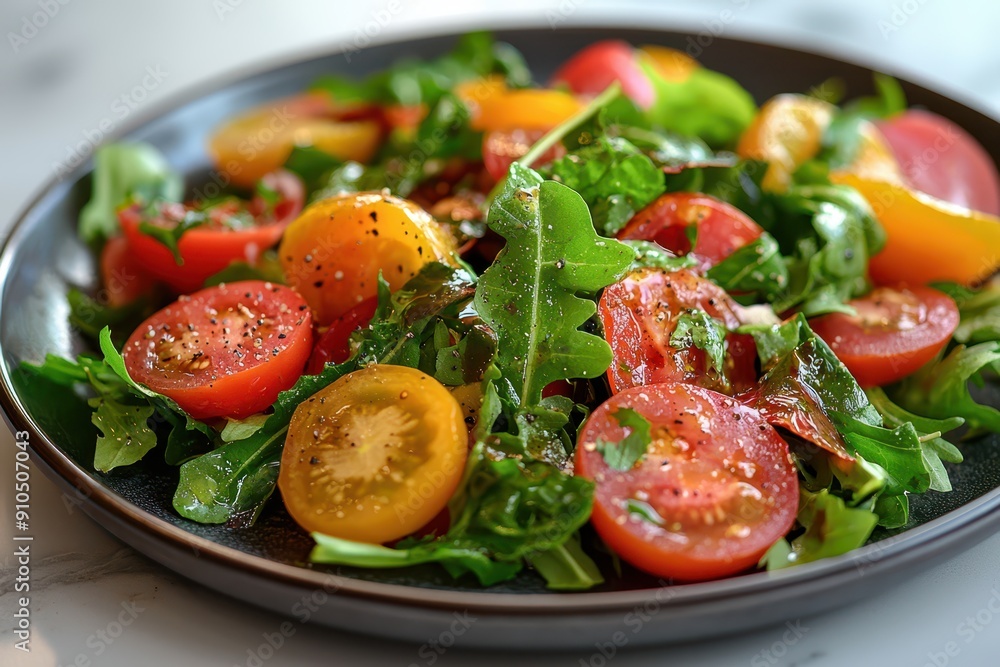 A colorful and fresh salad featuring ripe tomatoes, mixed greens, and a creamy dressing, elegantly presented on a plate.
A colorful and fresh salad featuring ripe tomatoes, mixed greens, and a creamy dressing, elegantly presented on a plate.