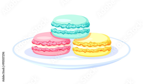 Plate with fresh and sweet macarons in a cartoon style. Vector illustration of delicious macarons with different flavors in a plate isolated on white background. French gourmet dessert. Confectionery.