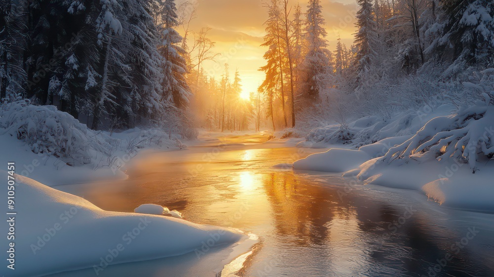Golden light reflects on a frozen river winding through a snow covered forest. Golden light reflects on a frozen river winding through a snow covered forest.