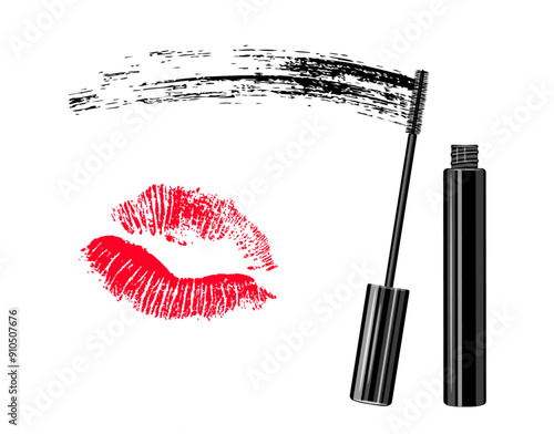 Mascara with a brush and a black stroke in a cartoon style. Vector illustration of red kiss print, mascara tube with brush, mascara stroke isolated on white background. Logo. Makeup.