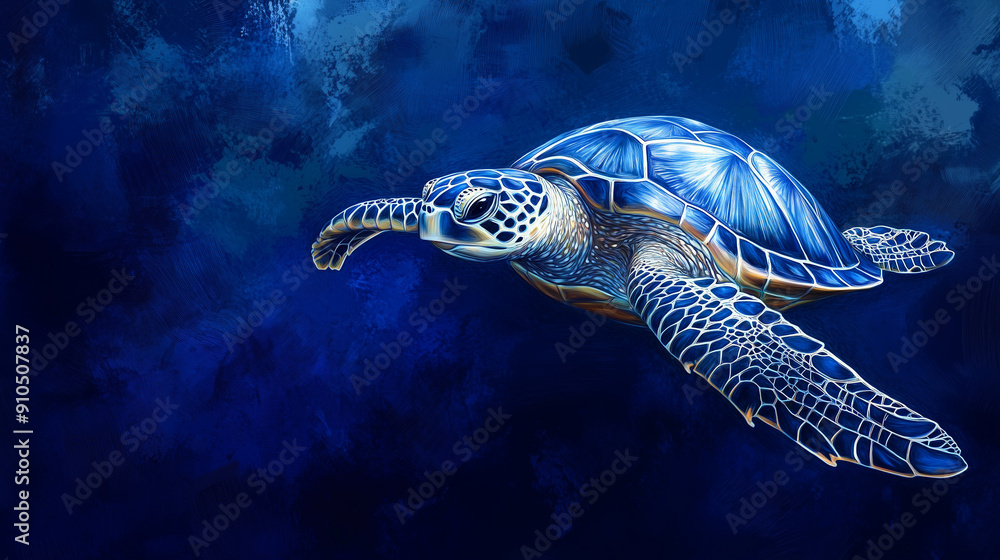 Fototapeta premium Blue turtle swimming in deep blue water.